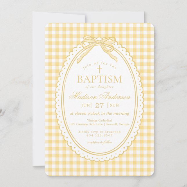 Convites Yellow Gingham Coquette Bow Baptism (Frente)