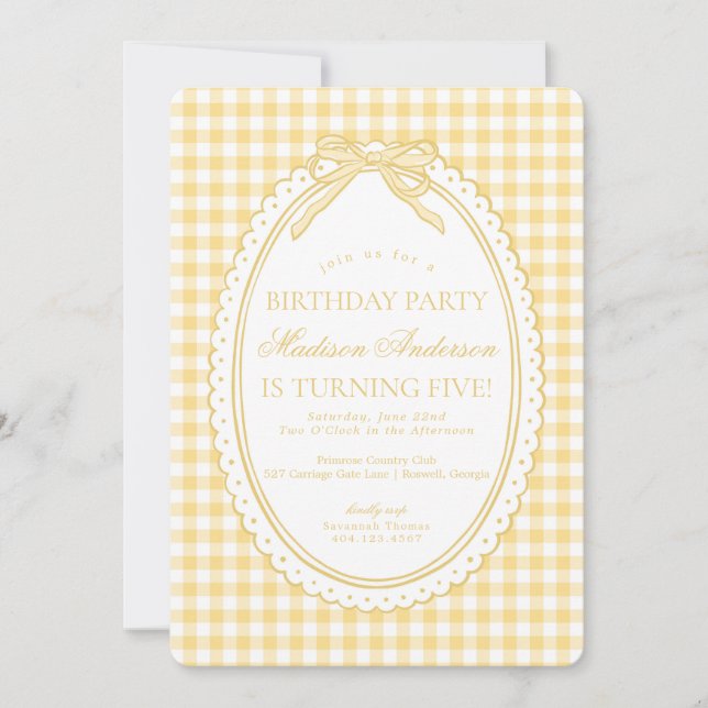 Convites Yellow Gingham Coquette Bow Birthday Party (Frente)
