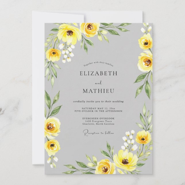 Convites Yellow Gray Sophisticated Botanical Wedding (Frente)
