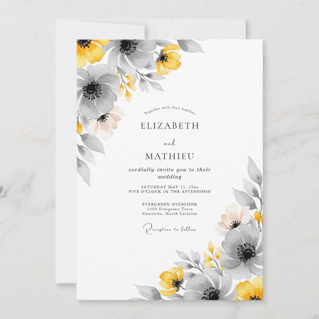 Convites Yellow Gray Vivid Botanical Wedding (Frente)
