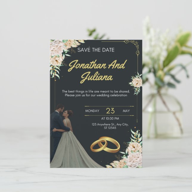 Convites Yellow & Green Vintage Wedding Invitation (Em pé/Frente)