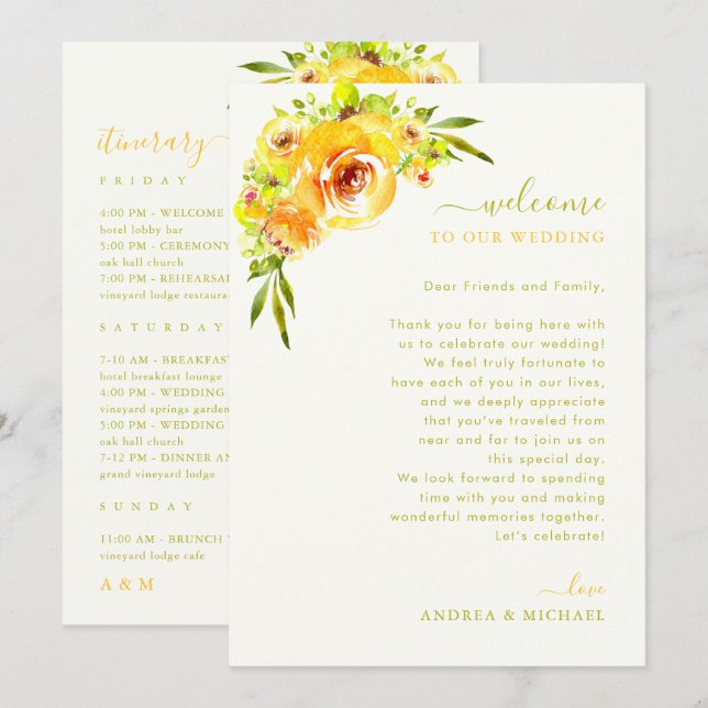 Convites Yellow Green Wedding Welcome Letter Itinerary Card (Frente/Verso)