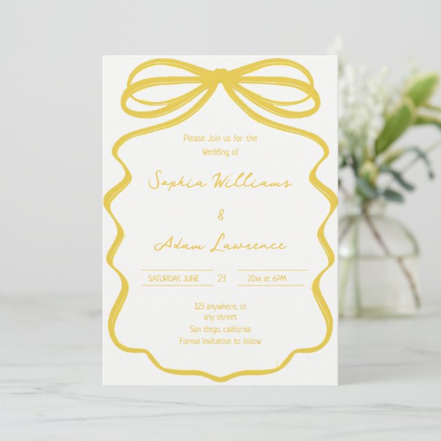 Convites Yellow Hand Written Pinstripes Whimsical Wedding (Em pé/Frente)