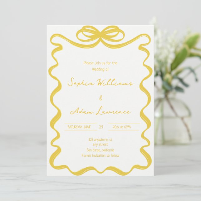Convites Yellow Hand Written Pinstripes Whimsical Wedding (Em pé/Frente)