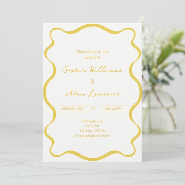 Convites Yellow Hand Written Pinstripes Whimsical Wedding (Em pé/Frente)