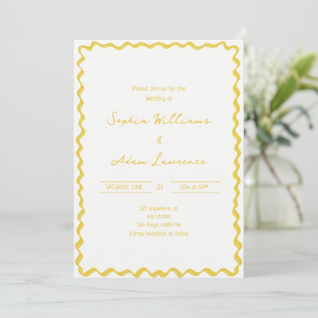 Convites Yellow Hand Written Pinstripes Whimsical Wedding (Em pé/Frente)