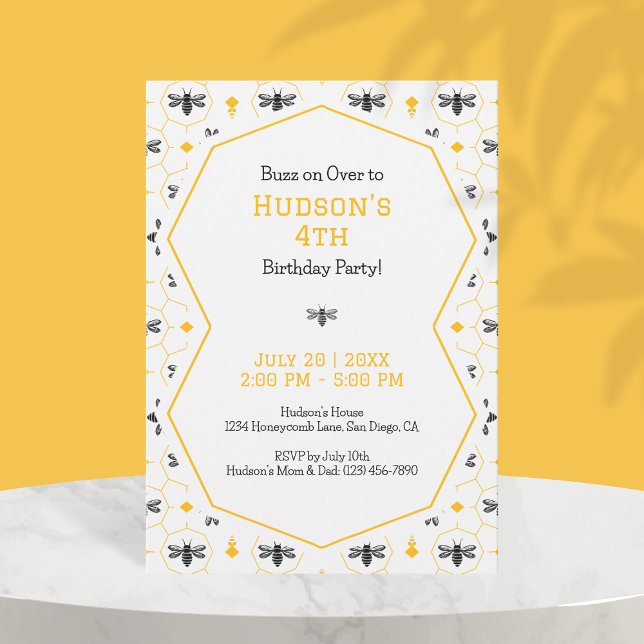 Convites Yellow Honeycomb Beehive 4ª Festa de Aniversário (Yellow Honeycomb Bee Beehive 4th Birthday Party Invitation)