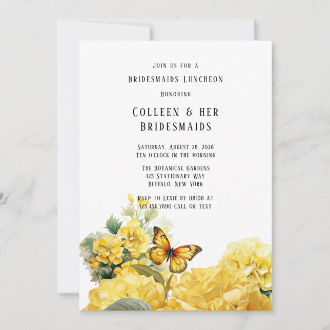 Convites Yellow Hydrangea Butterfly Bridesmaids Luncheia (Frente)