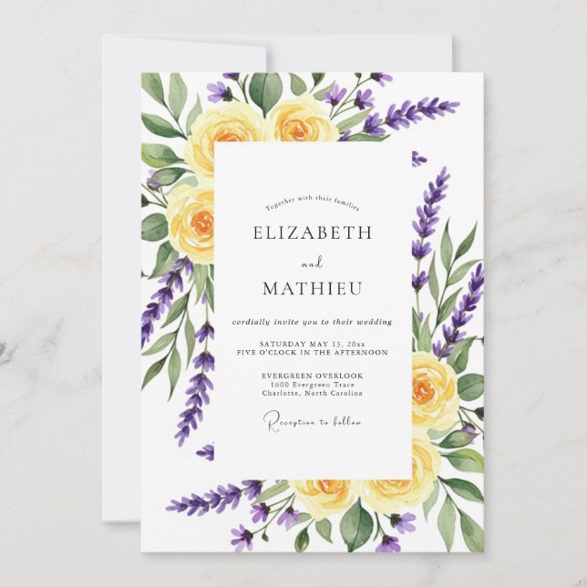 Convites Yellow Lavender Floral Romance Wedding (Frente)