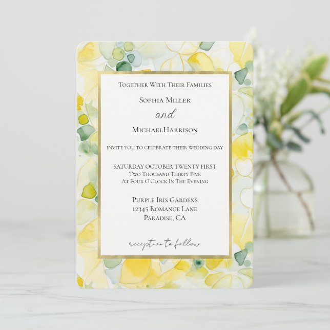 Convites Yellow Lemon Abstract Wedding (Em pé/Frente)