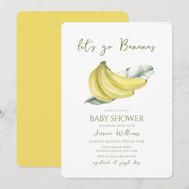 Convites Yellow Let's Go Bananas Leaves Baby Shower (Frente/Verso)