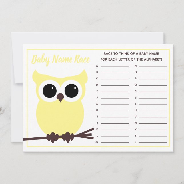 Convites Yellow Owl Baby Name Race Chá de fraldas Game Conv (Frente)