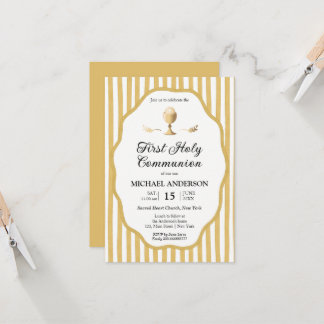 Convites yellow pin striped Communion Invitation