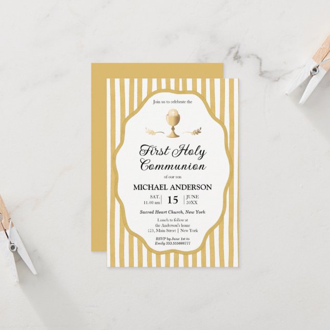 Convites yellow pin striped Communion Invitation (Frente/Verso In Situ)
