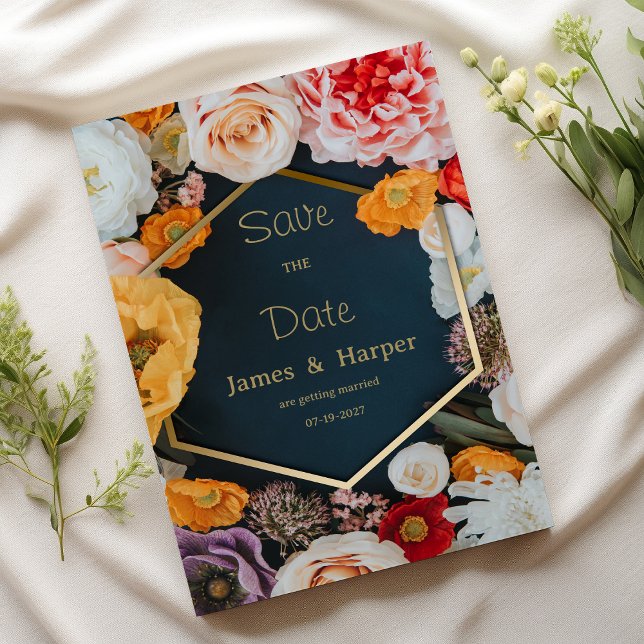 Convites Yellow pink navy blue gold floral Save the Date (Yellow pink navy blue gold floral Save the Date )
