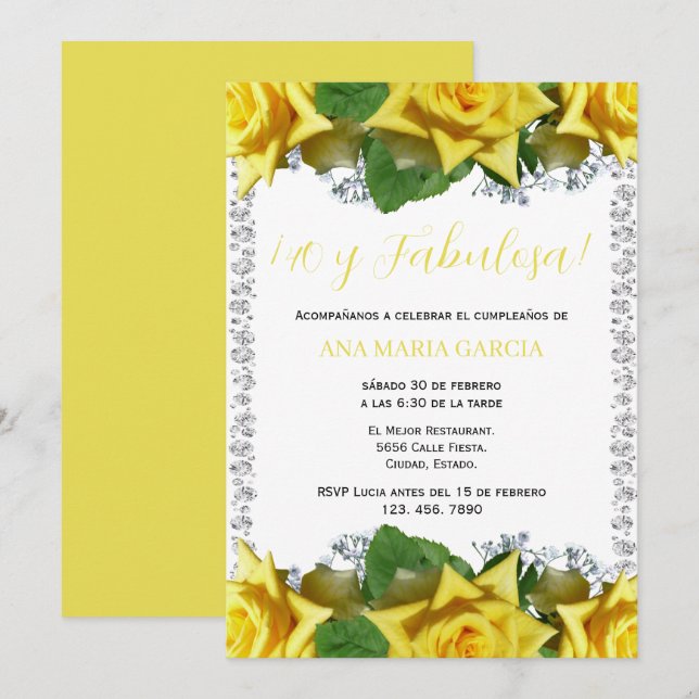 Convites Yellow Roses & Diamonds 40th Birthday Spanish (Frente/Verso)