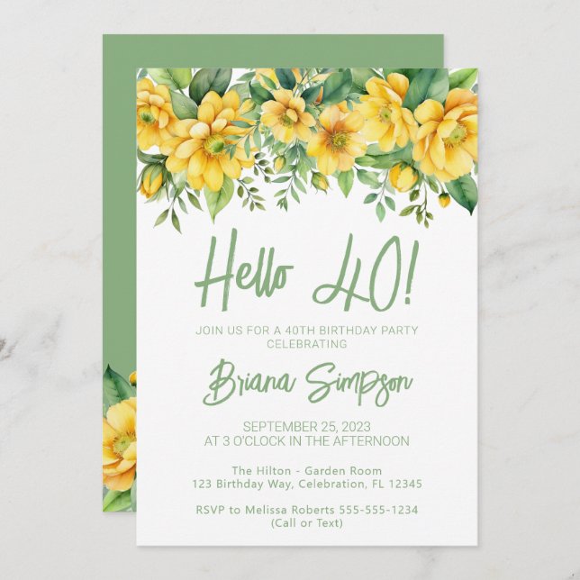 Convites Yellow Sage Green Floral 40th Birthday Party (Frente/Verso)
