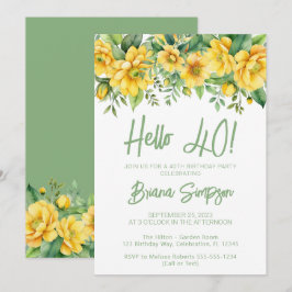 Convites Yellow Sage Green Floral 40th Birthday Party
