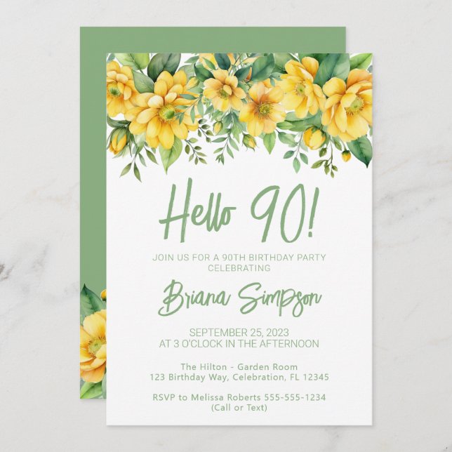 Convites Yellow Sage Green Floral 90th Birthday Party (Frente/Verso)