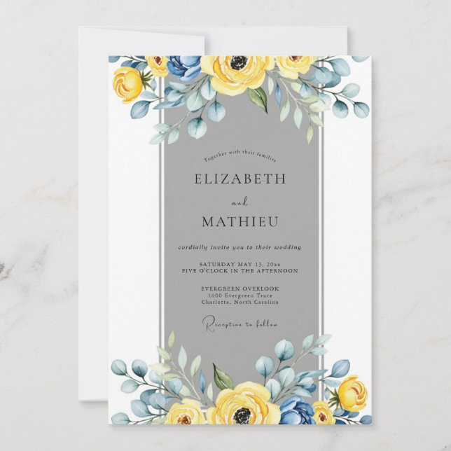 Convites Yellow Slate Gray Elegant Spring Wedding (Frente)