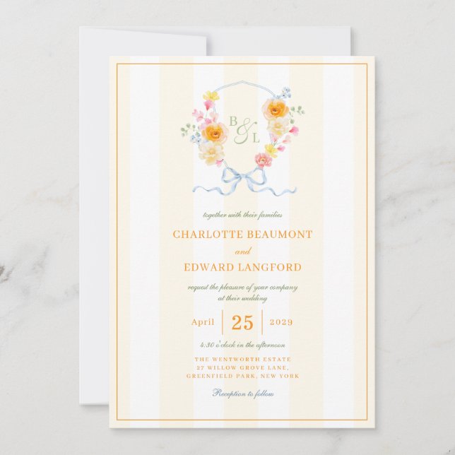 Convites Yellow Stripe Floral Crest Spring Monogram Wedding (Frente)