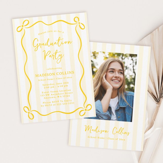 Convites Yellow Stripes Bow Frame Graduation Party Photo (Criador carregado)