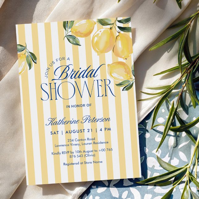 Convites Yellow Stripes Lemon Bridal Shower Invitation (Criador carregado)