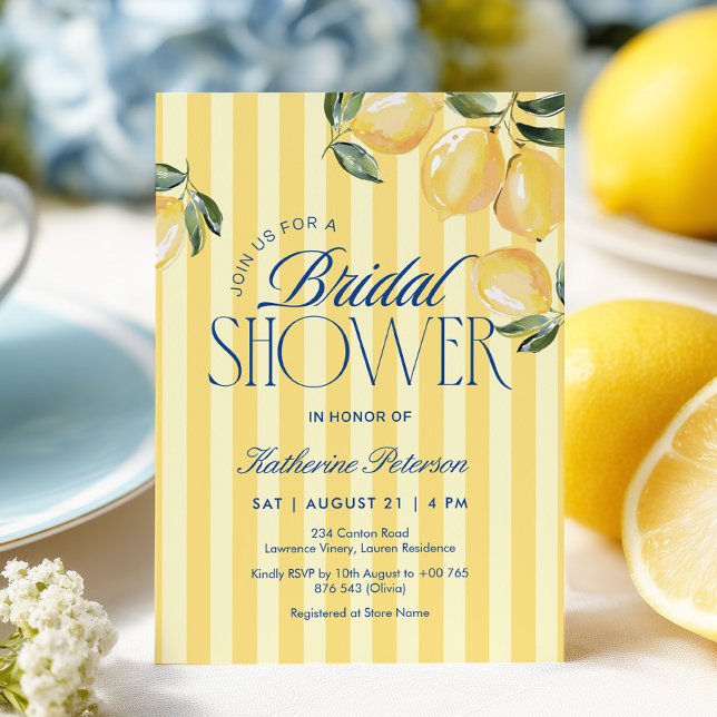 Convites Yellow Stripes Lemon Bridal Shower Invitation (Criador carregado)