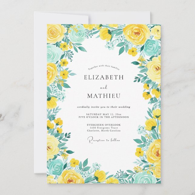 Convites Yellow Teal Bright Spring Wedding (Frente)