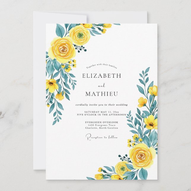 Convites Yellow Teal Flourishing Spring Wedding (Frente)