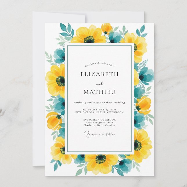 Convites Yellow Teal Pristine Summer Wedding (Frente)