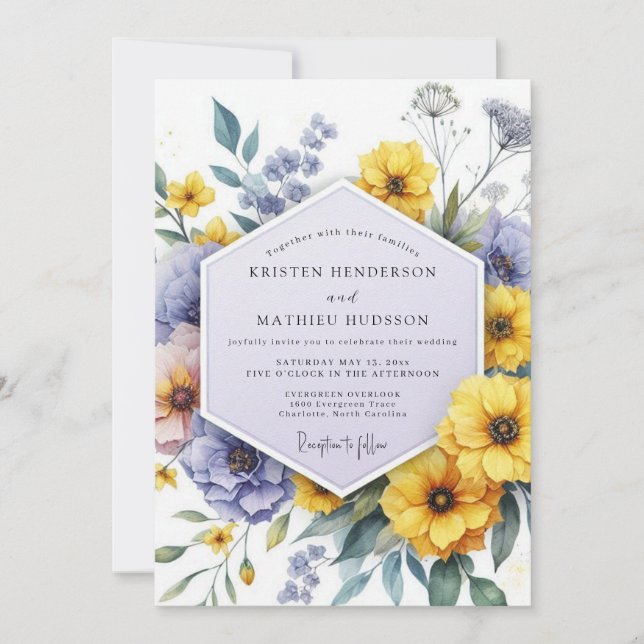Convites Yellow Violet Botanical Whimsy Wedding (Frente)