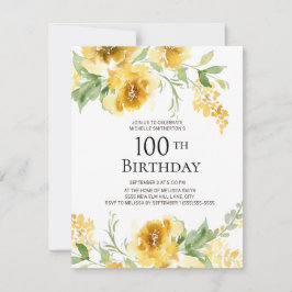 Convites Yellow Watercolor Floral Greenery 100th Birthday