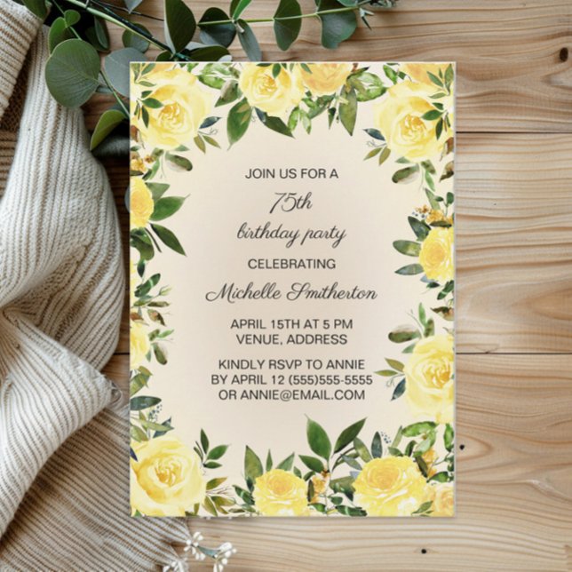 Convites Yellow Watercolor Floral Greenery 75.º Aniversário (Yellow floral and greenery 75th birthday party invitation)