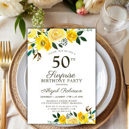 Convites Yellow Watercolor Floral Surprise 50th Birthday