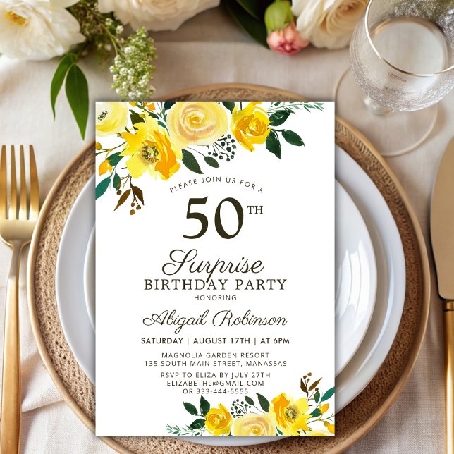 Convites Yellow Watercolor Floral Surprise 50th Birthday (Criador carregado)