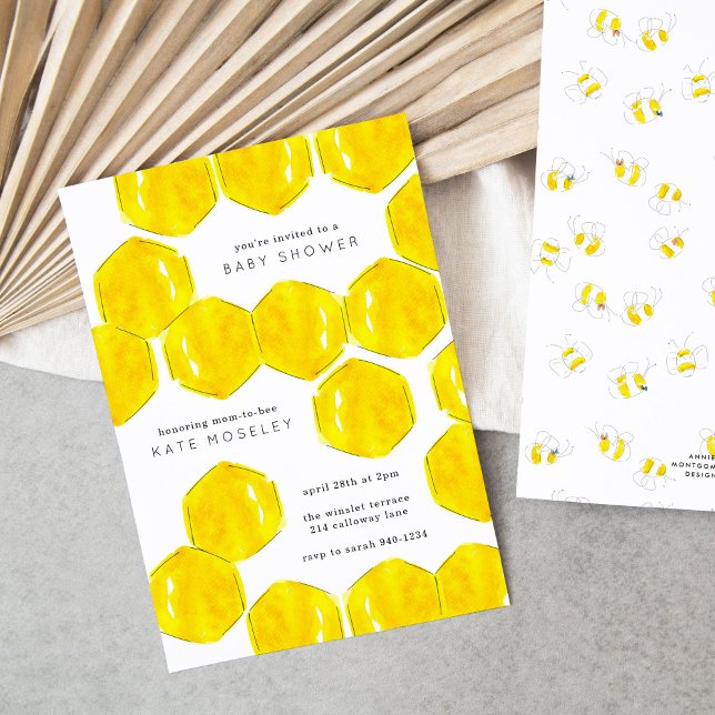 Convites Yellow Watercolor Honeycomb Mãe para Chá de fralda (Yellow watercolor bee honeycomb baby shower invitations.)