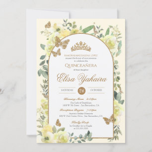 Convites Yellow Watercolor Ouro Butterfly Quinceanera