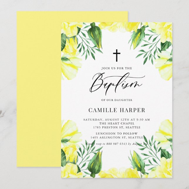 Convites Yellow Watercolor Rosa Garland Baptism (Frente/Verso)