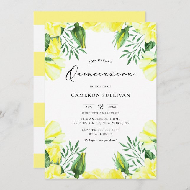 Convites Yellow Watercolor Rosa Garland Quinceañera (Frente/Verso)