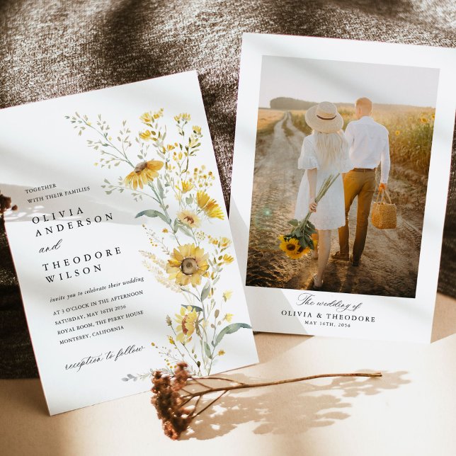 Convites Yellow Wildflower Sunflower Photo Wedding (Yellow sunflower wildflower photo wedding invitation watercolor floral rustic garden wedding)