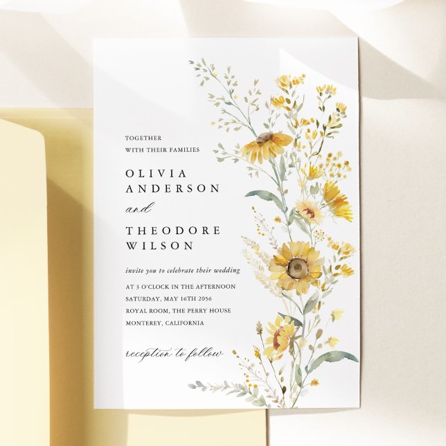 Convites Yellow Wildflower Sunflower Wedding (Yellow sunflower wildflower wedding invitation watercolor floral garden elegant wedding stationery)