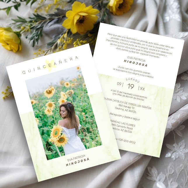 Convites Yelow Marble Effect Romantic Photo Quinceañerank (Spanish Yellow Marble Effect Romantic Photo Quinceañera Invitation Card.)