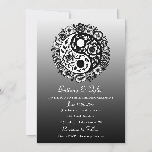 Convites Yin Yang Wedding, Floral Branca e Preta (Frente)
