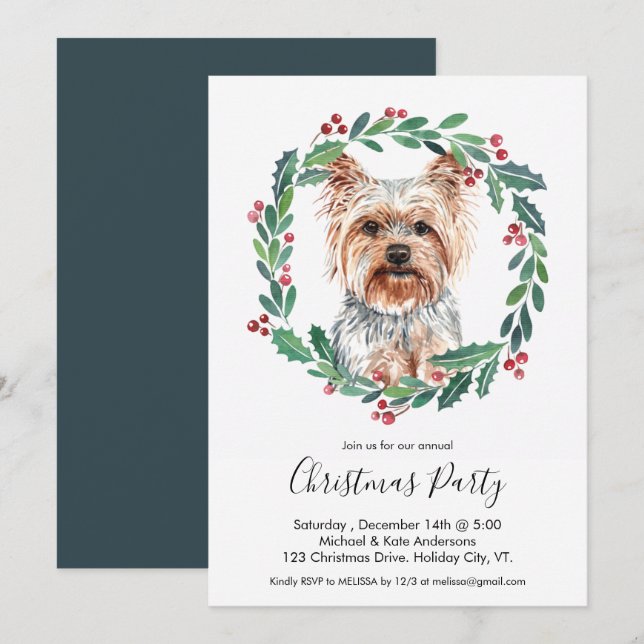 Convites Yorkshire Terrier Cute Dog Festa de Natal Elegante (Frente/Verso)