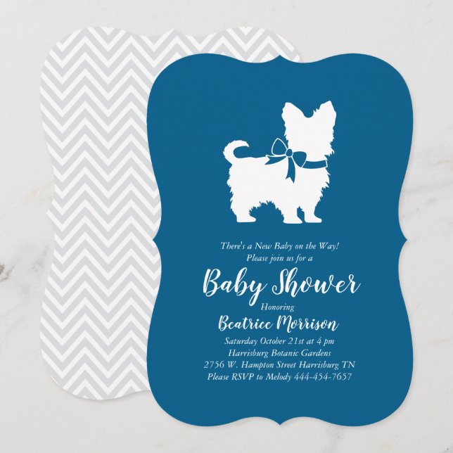 Convites Yorkshire Terrier Dog Baby Shower Blue (Frente/Verso)