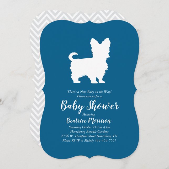 Convites Yorkshire Terrier Dog Baby Shower Blue (Frente/Verso)