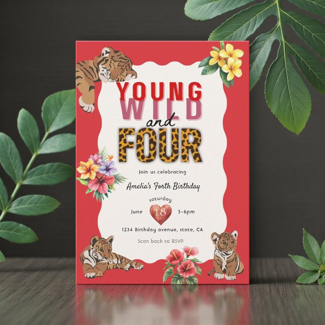 Convites Young Wild and Four Tiger Floral Birthday (Criador carregado)