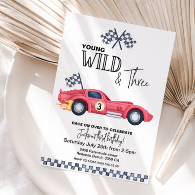 Convites YOUNG Wild and Three Red Race Car Birthday  (Race car Red Young Wild and three birthday invitation)