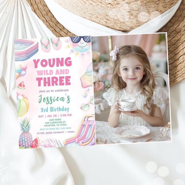 Convites Young Wild And Three - Summer Girl Birthday Photo (Criador carregado)